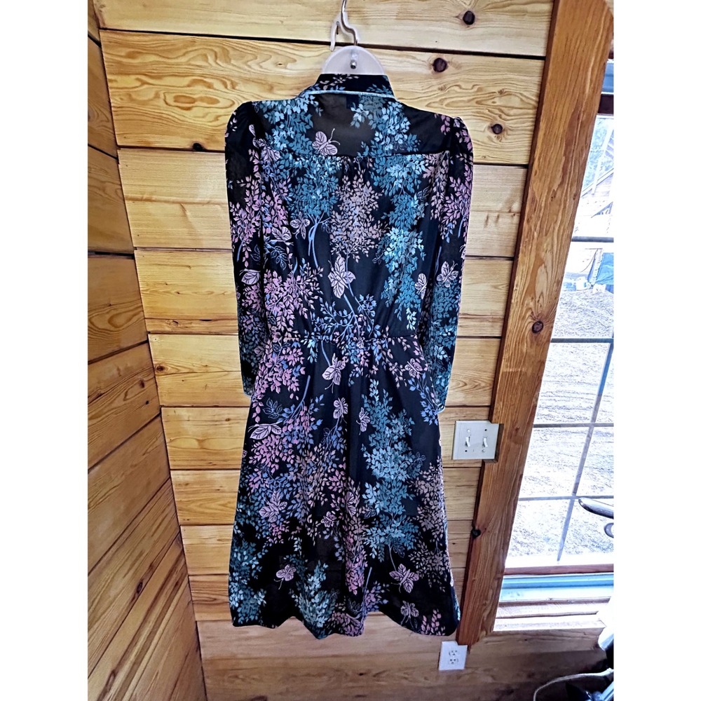 Vintage Sears Butterfly‎ Floral Print Dress Long Sleeve Elastic Waist Black Pink - Picture 8 of 12